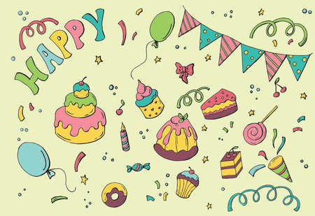 Party set with colorful sweety and cakesのイラスト素材