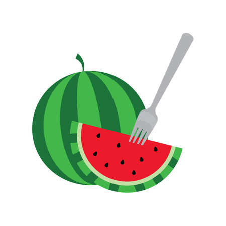 Image of a watermelon with a fork stuck in a slice.のイラスト素材