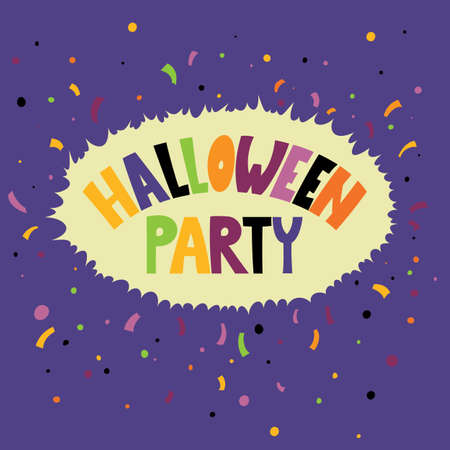 A colored banner or flyer with handwritten font and confetti. An invitation to a Halloween party.のイラスト素材