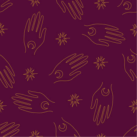 Seamless pattern with the image of mystical hands, stars and the moonのイラスト素材