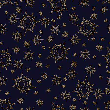 Seamless pattern with the image of the sun and stars on a dark backgroundのイラスト素材