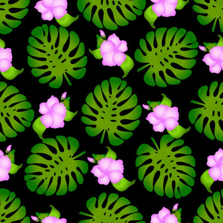 Seamless pattern with the image of monstera and flowers on a dark backgroundのイラスト素材