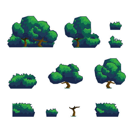 Game props trees for the background. A set of angular trees isolated on a white background for a casual game.のイラスト素材