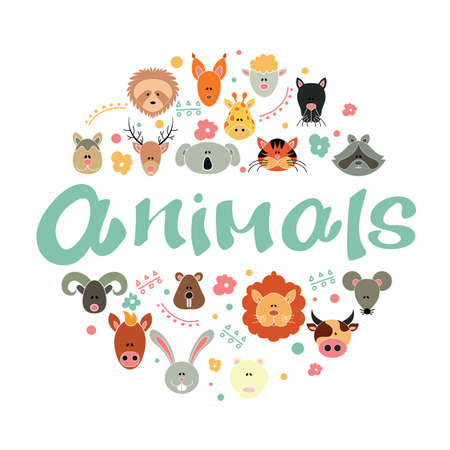 The lettering animals inscription is surrounded by multicolored heads of wild animals enclosed in a circle.のイラスト素材