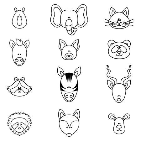 Black and white icons of animal heads isolated on a white background.のイラスト素材