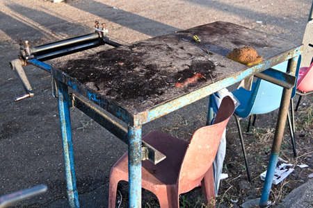 mechanic, work table soiled with oilの写真素材