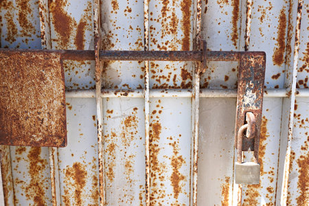 rusty gate with closed padlockの写真素材