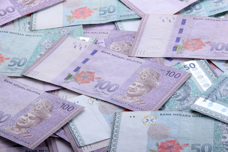 Malaysian Ringgit money in hundred and fifty nominal top viewの写真素材