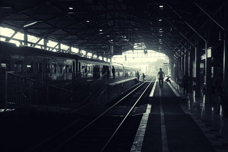 Dark train station interior, black and white portraitのeditorial素材