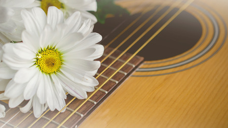 Morning relaxation and cozy with white daisy on guitar for Rural vacation lifestyle , music therapy conceptの写真素材