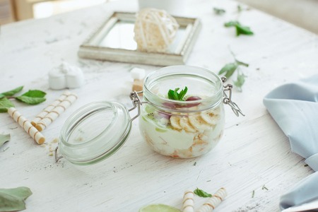 Soup from fruit and berries with oats and flax seeds. Healthy food concept.の写真素材
