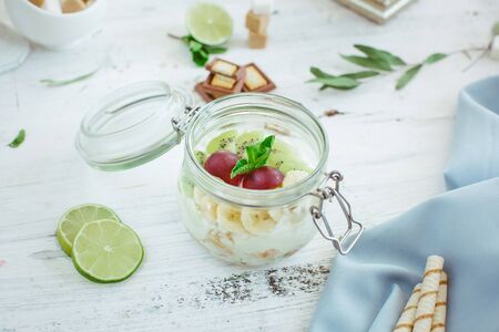 Soup from fruit and berries with oats and flax seeds. Healthy food concept.の写真素材