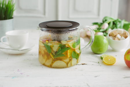 Fresh fruit tea mint apples orange healthの写真素材