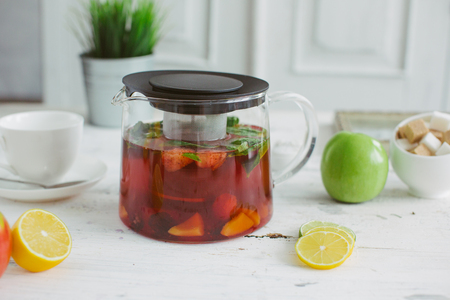Fresh fruit tea mint apples orange healthの写真素材