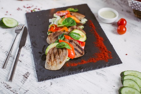 Beef Tongue Salad with Fresh Green Herbs and Cherry Tomatoの写真素材