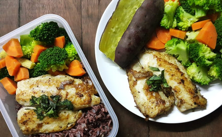 Diet food, Clean eating, Chicken steak and vegetable : toamto, broccoli, carrot, baby corn, sweet...