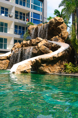 Pool with waterfall in the hotelのeditorial素材