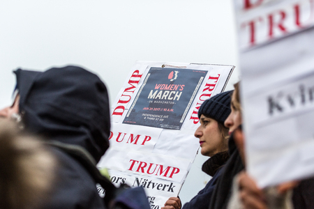 Demonstration signs for WomenÃÂ´s march. Stockholm, Sweden - January 21, 2017: WomenÃÂ´s march sign placard, protests in Sweden against Donald Trump. Protest sign with shallow depth of field.のeditorial素材