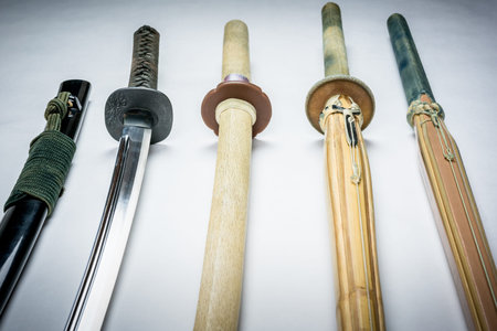 A collection of weapons for training, equipment for Japanese sport Iaido and Kendo. Wood, bamboo and...