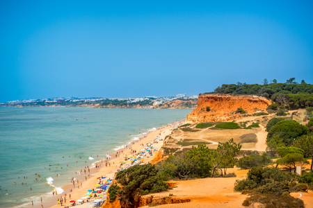 Aerial view people on beach. Albufeira, Portugal - July 18, 2017: Landscape view from above of many people on public beach at the Algarve coast sunbathing and walking along the waterline. Pine trees and sandstone cliffs in the foreground.のeditorial素材