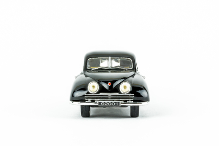 Stockholm, Sweden - August 17, 2017: Close up studio shot of one isolated Swedish classic car, no people. Front view scale model of black SAAB 92001.のeditorial素材