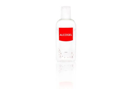 Isolated alcogel hand disinfectant in a small plastic bottle with red label, studio shot on white background.の写真素材