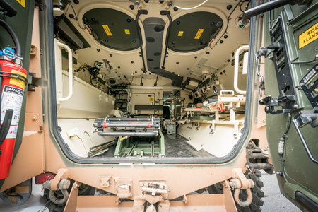 KUNGSANGEN, SWEDEN - SEPTEMBER 3, 2016: Front view of the inside of a Swedish military ambulance vehicle during a free public event on Armys Day in Kungsangen Sweden September 3, 2016.のeditorial素材