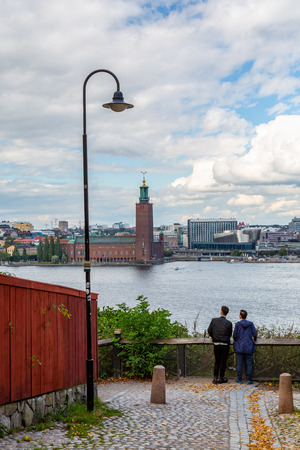 STOCKHOLM, SWEDEN - SEPTEMBER 12, 2015: Vertical city view of two males looking at buildings and sky with the famous Town Hall in the foreground in Stockholm Sweden September 12, 2015.のeditorial素材