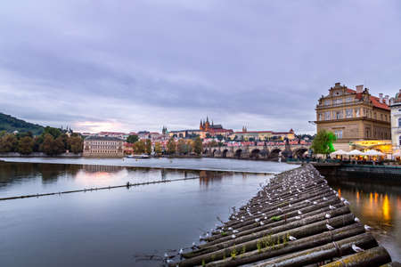 PRAGUE, CZECH REPUBLIC - SEPTEMBER 26, 2014: Beautiful city sunset view of water and skyline in Prague. Wooden log structure with many seagull birds in the foreground and incidental people in the background in Prague September 26, 2014.のeditorial素材