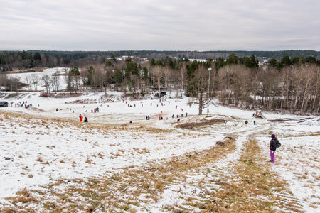 JARFALLA, SWEDEN - JANUARY 9, 2021: People outdoor having fun in the snow skiing and sledding on big grassy hill with snow in Jarfalla Sweden January 9, 2021.のeditorial素材