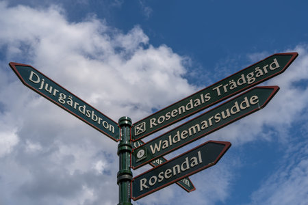 STOCKHOLM, SWEDEN - JULY 20, 2021: Summer view of a signpost and sky with many direction arrows...