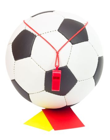 soccer concept, classic ball with referee's whistle, red and yellow card, isolated on whiteの写真素材