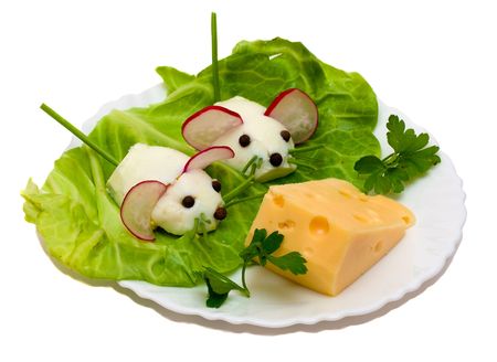 salad - two mouse and cheese, chicken eggs make as mouse and cheese, isolated on whiteの写真素材