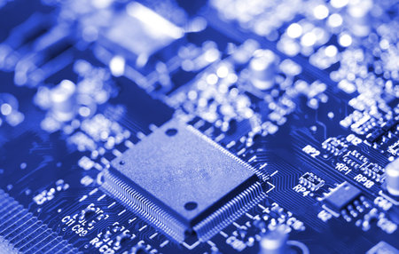 close-up microchip on circuit board, selective focus