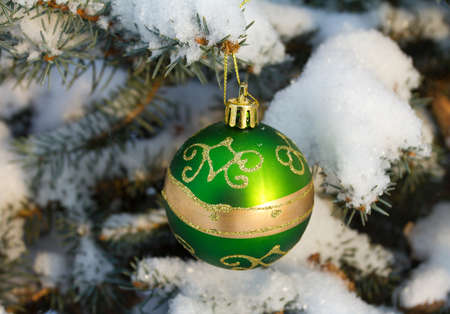 christmas decoration on fir branch outdoorsの写真素材