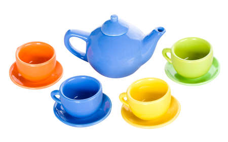 teapot and four cup set, isolated on whiteの写真素材