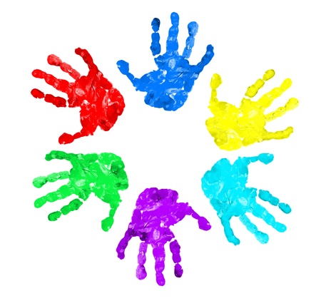 set of hand prints of diffrent colors, isolated on whiteの写真素材