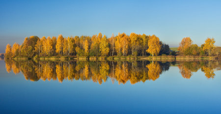 autumn trees with reflection in water, panorama 
