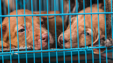 Two brown puppies sitting in a blue cage