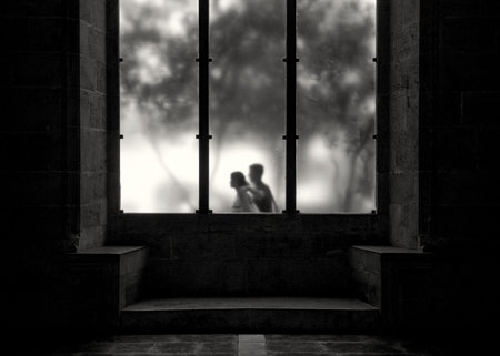 Couple seen through an old windowの写真素材