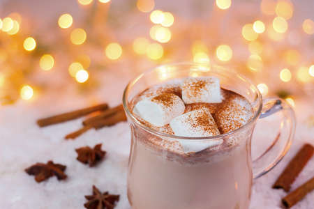 cocoa with marshmallow in a glass cup, selective focusの写真素材