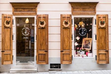 Lviv, Ukraine, Europe - February, 2016: Picturesque nook, windows of street cafe Workshop marzipan in old town Lviv.のeditorial素材