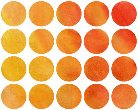 Watercolor circles in orange, yellow and red color isolated over white.の写真素材