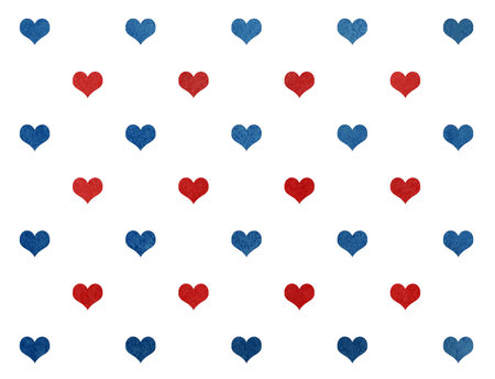 Watercolor dark blue and red hearts on white background pattern.