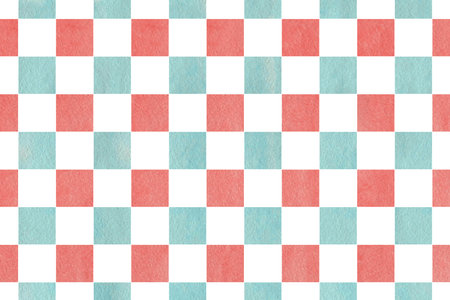 Watercolor coral pink and blue square pattern. Geometrical traditional ornament for fashion textile,...