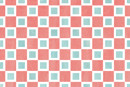 Watercolor coral pink and blue square pattern. Geometrical traditional ornament for fashion textile, cloth, backgrounds.の写真素材