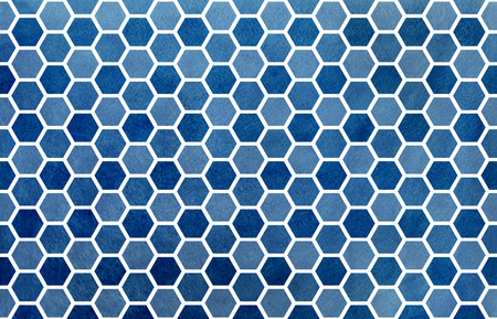 Watercolor dark blue geometrical comb pattern. Hexagonal grid design.の写真素材
