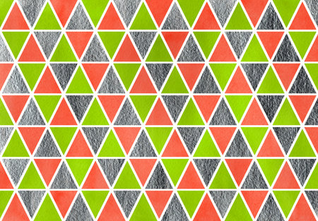 Watercolor lime geen, salmon pink and silver triangle pattern.