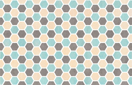 Watercolor blue, beige and gray geometrical comb pattern. Hexagonal grid design.