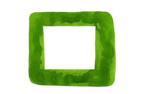 Green hand painted square frame. Green watercolor design element isolated on white background. Green watercolor frame. Bright vibrant watercolor frame for logo and graphic backdrop.の写真素材